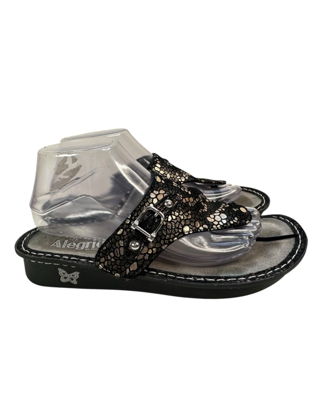 Alegria Vanessa Mosaic Thong Wedge Sandals Black Pewter Womens 8 EU 39